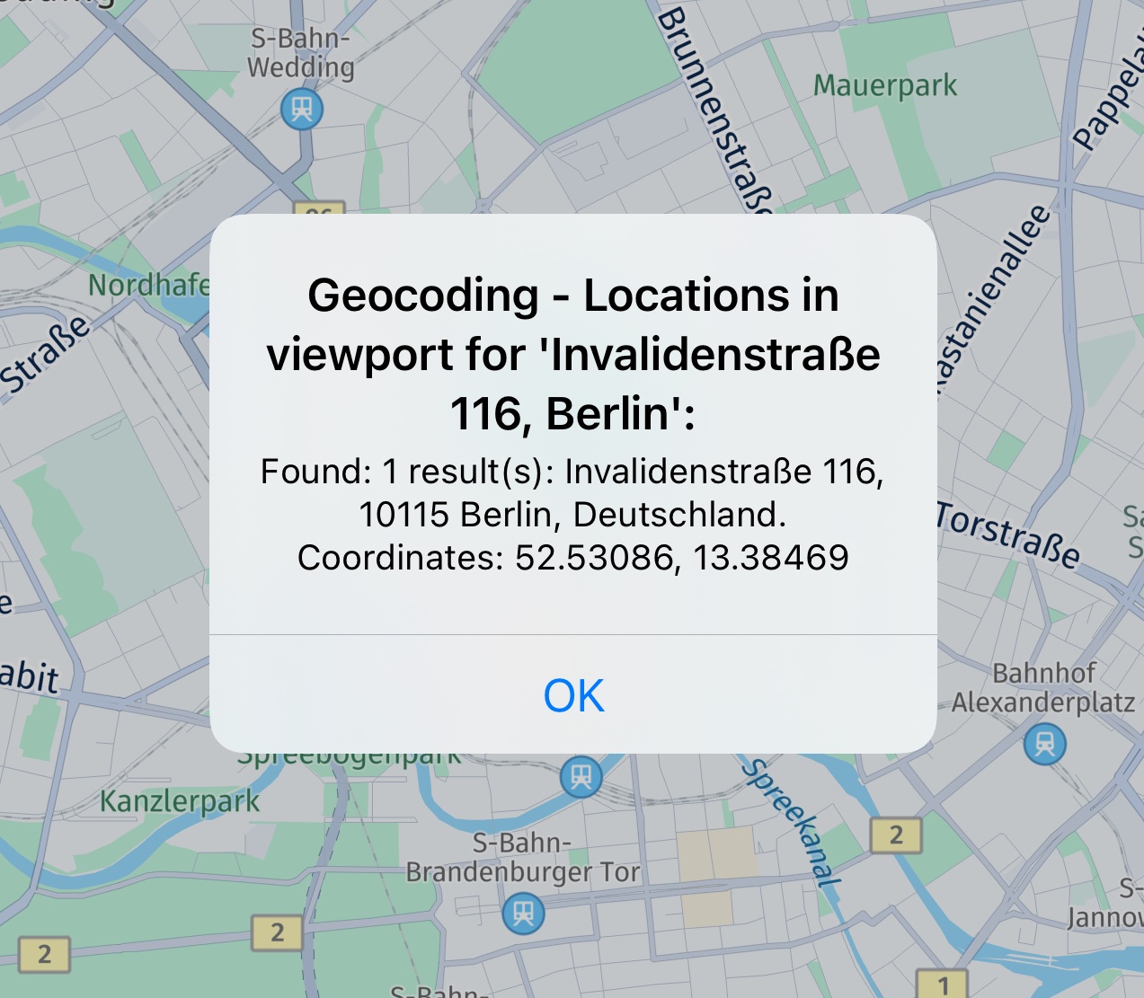 Screenshot: Showing a picked geocoding result.