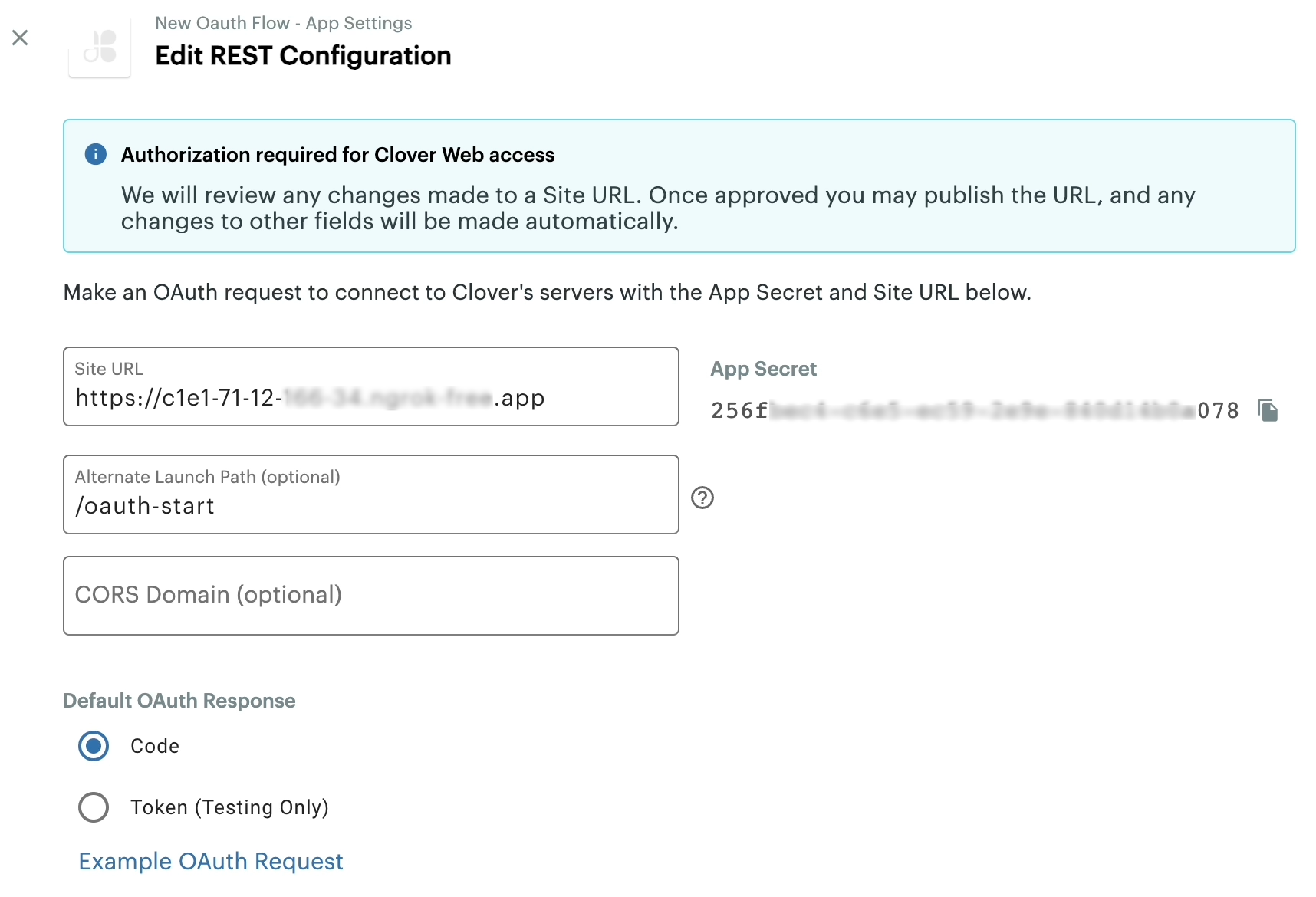 App Settings on the Developer Dashboard: Edit REST Configuration page