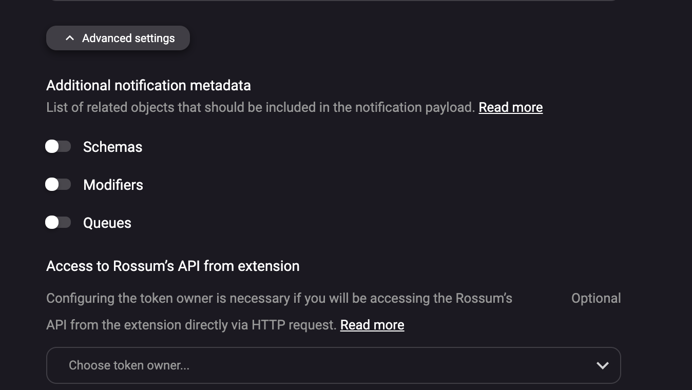 Enabling access of the extension to the Rossum's API.