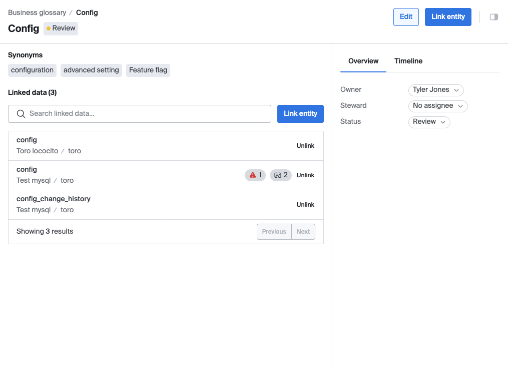 Term detail page right-hand pane, Overview tab, showing Owner/Steward/Status fields