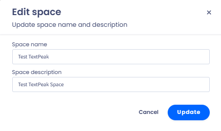 Screenshot of the dialog to edit a space in TextPeak, highlighting the 'Space name' and 'Space description' input fields and 'Update' and 'Cancel' buttons.