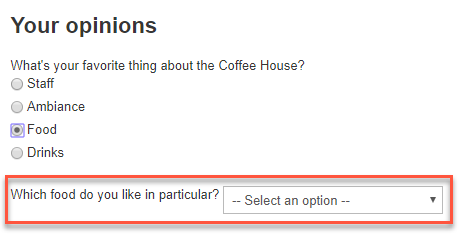 Screenshot of the conditional customer satisfaction survey where showing different questions based on visitor answers