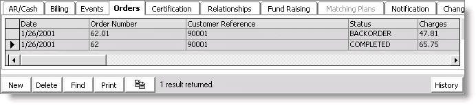 From Customers, select Manage customers, find customer record, and select Orders tab