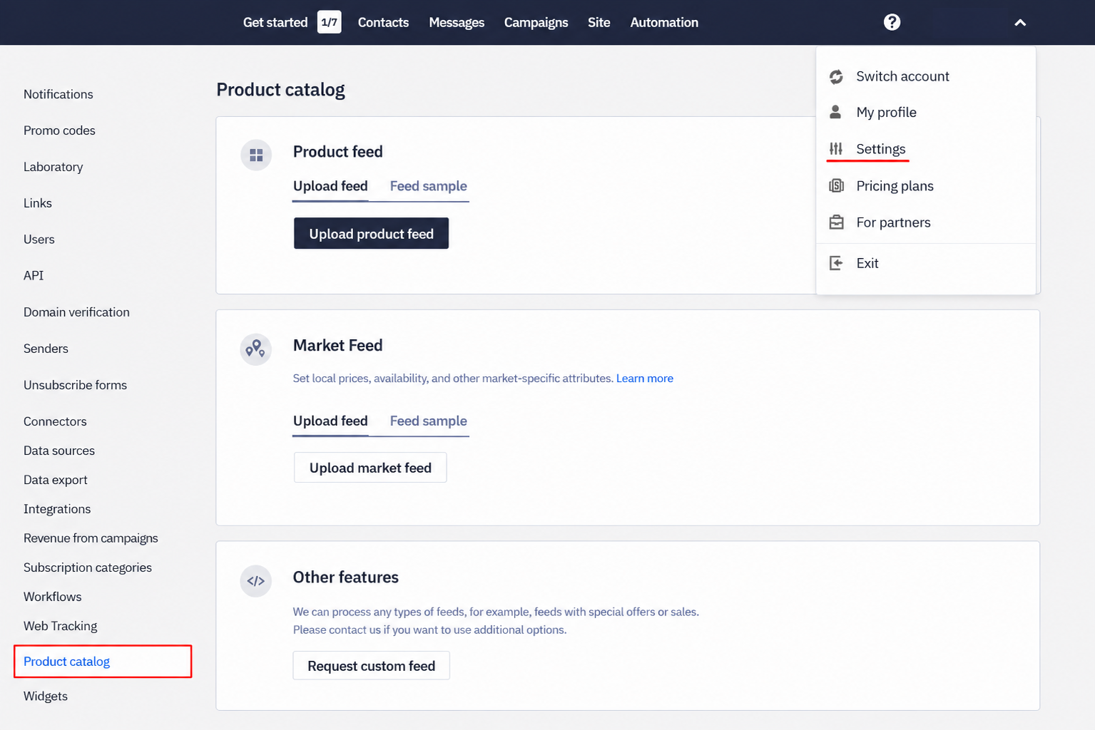 Product Catalog tab with Product Data, Market Feed, and Other Options blocks