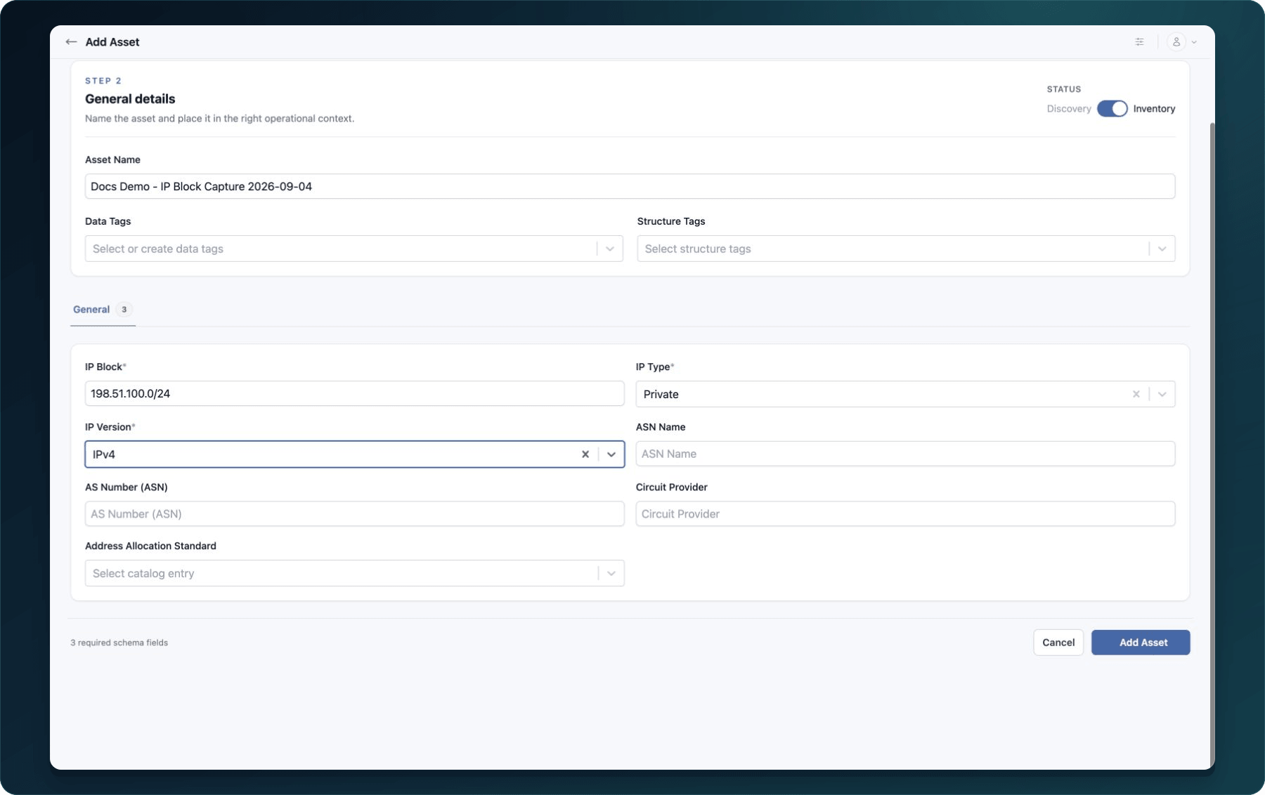 Add Asset form showing a sample name, Inventory status, and required IP Block fields before submission.