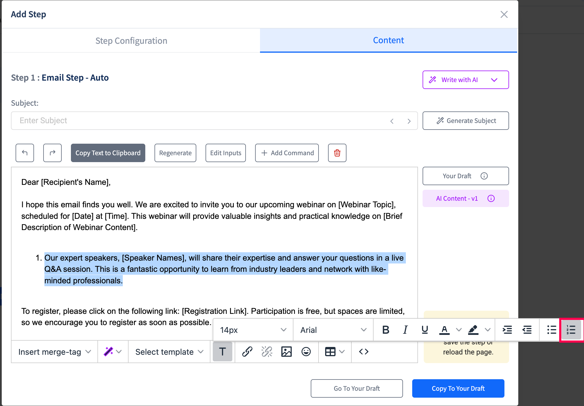 Email formatting options - how to make bullet points and numbered lists in SmartReach