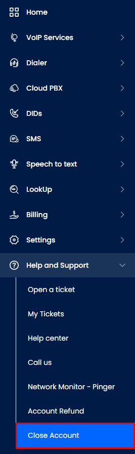Screenshot of ther Help and Support > Close Account tab