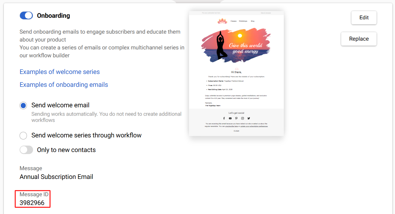 The message ID in Welcome email