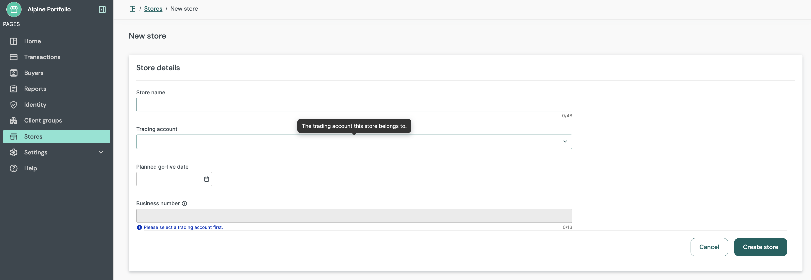 New store (Portfolio / Account Group view)
