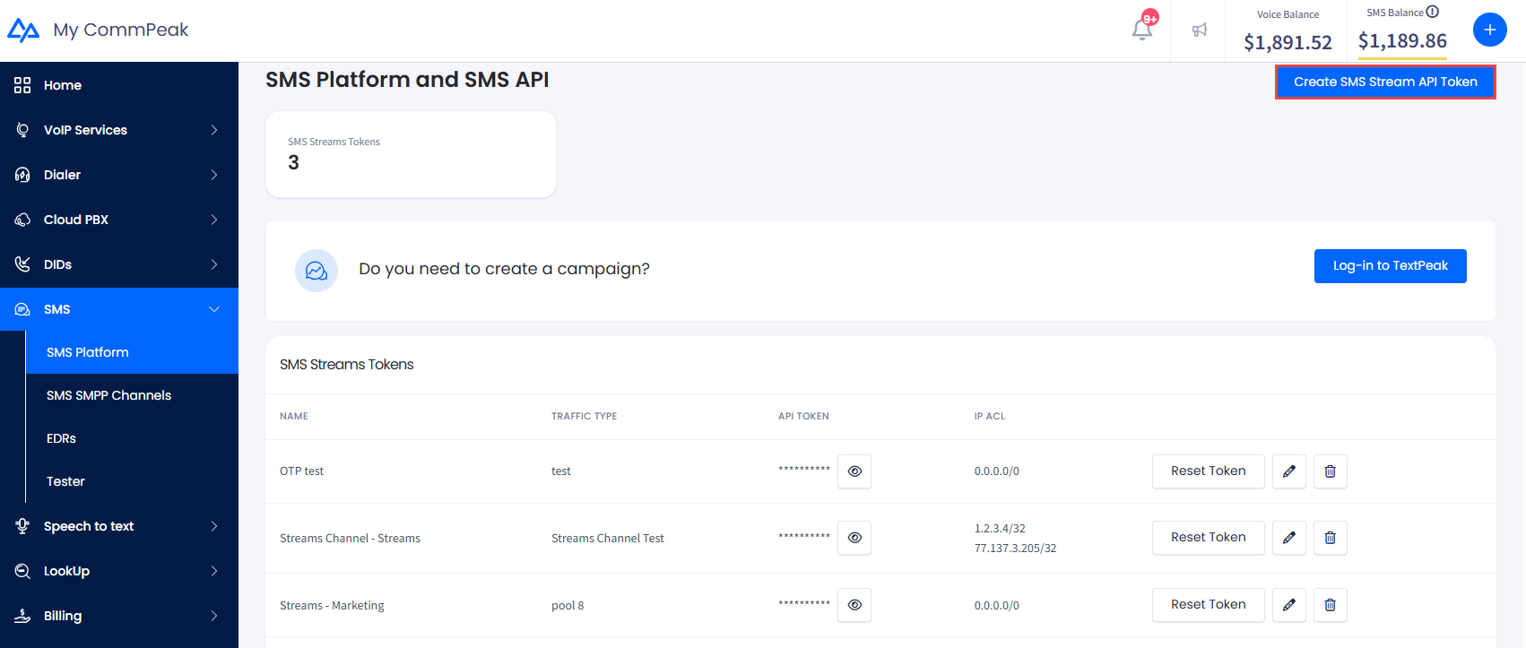 Screenshot of the **Create SMS Stream API Token** button