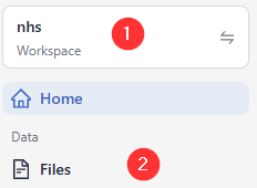 The left navigation with step one on the workspace name and step two on the Files option.