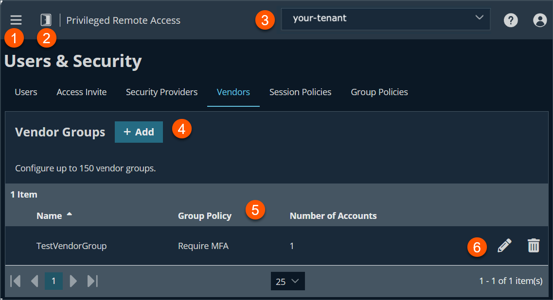 An image of BeyondTrust Privileged Remote Access interface showing the 'Users & Security' page with the 'Vendors' tab selected. The 'Vendor Groups' section includes a '+ Add' button and a table listing vendor groups with columns for Name, Group Policy, and Number of Accounts.