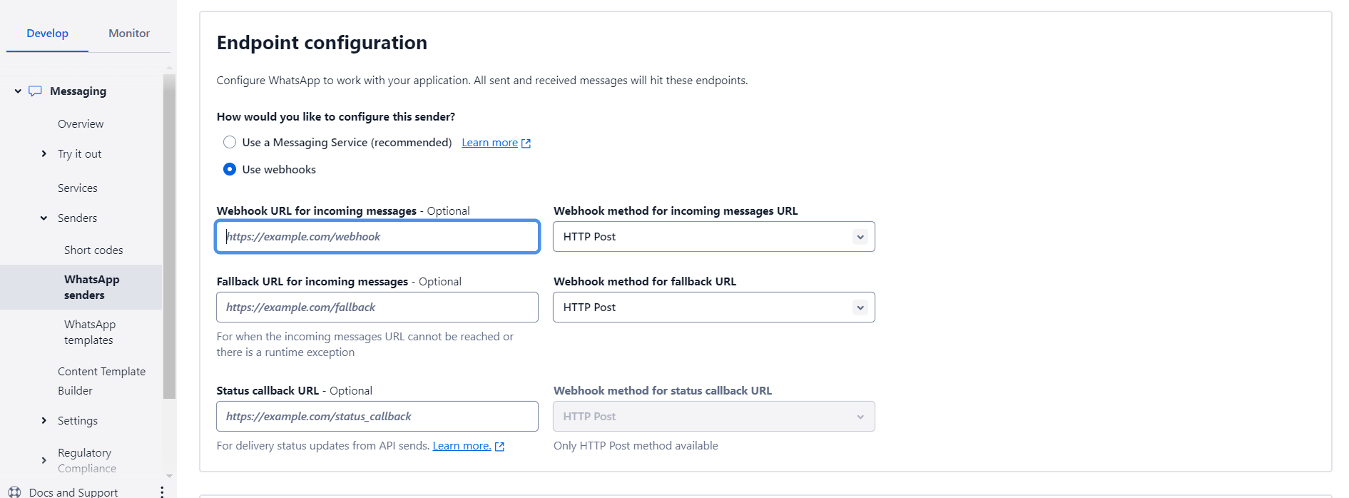 Twilio - WhatsApp Senders Endpoint Configuration