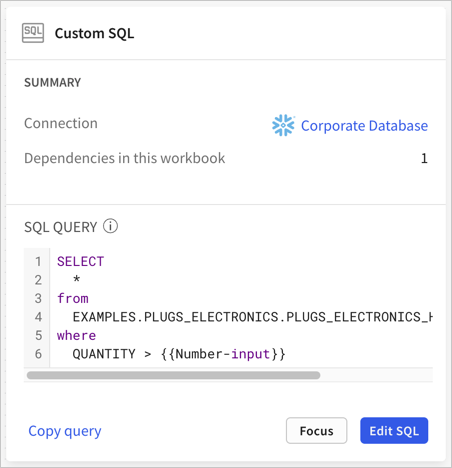 After selecting the custom SQL element in the lineage view, review the summary of the connection and the SQL query itself, with options to copy query, focus the element in lineage, or edit the SQL.
