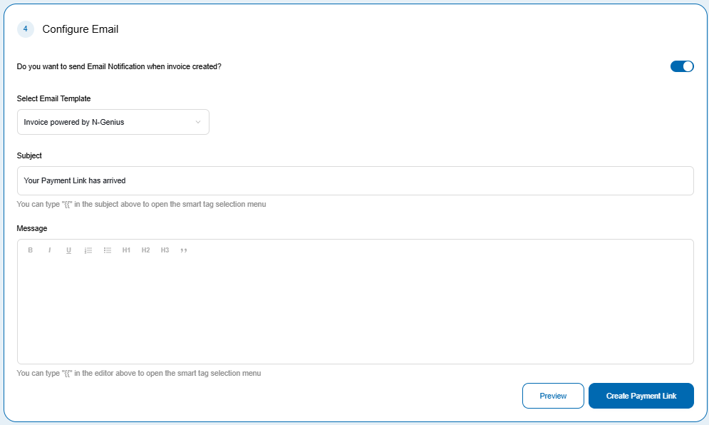 Configure Email panel with notification and message settings