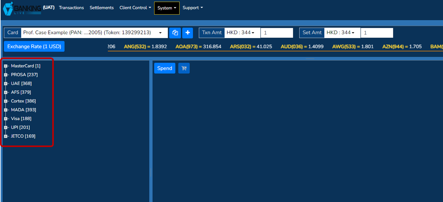 Test screen: transaction message menu