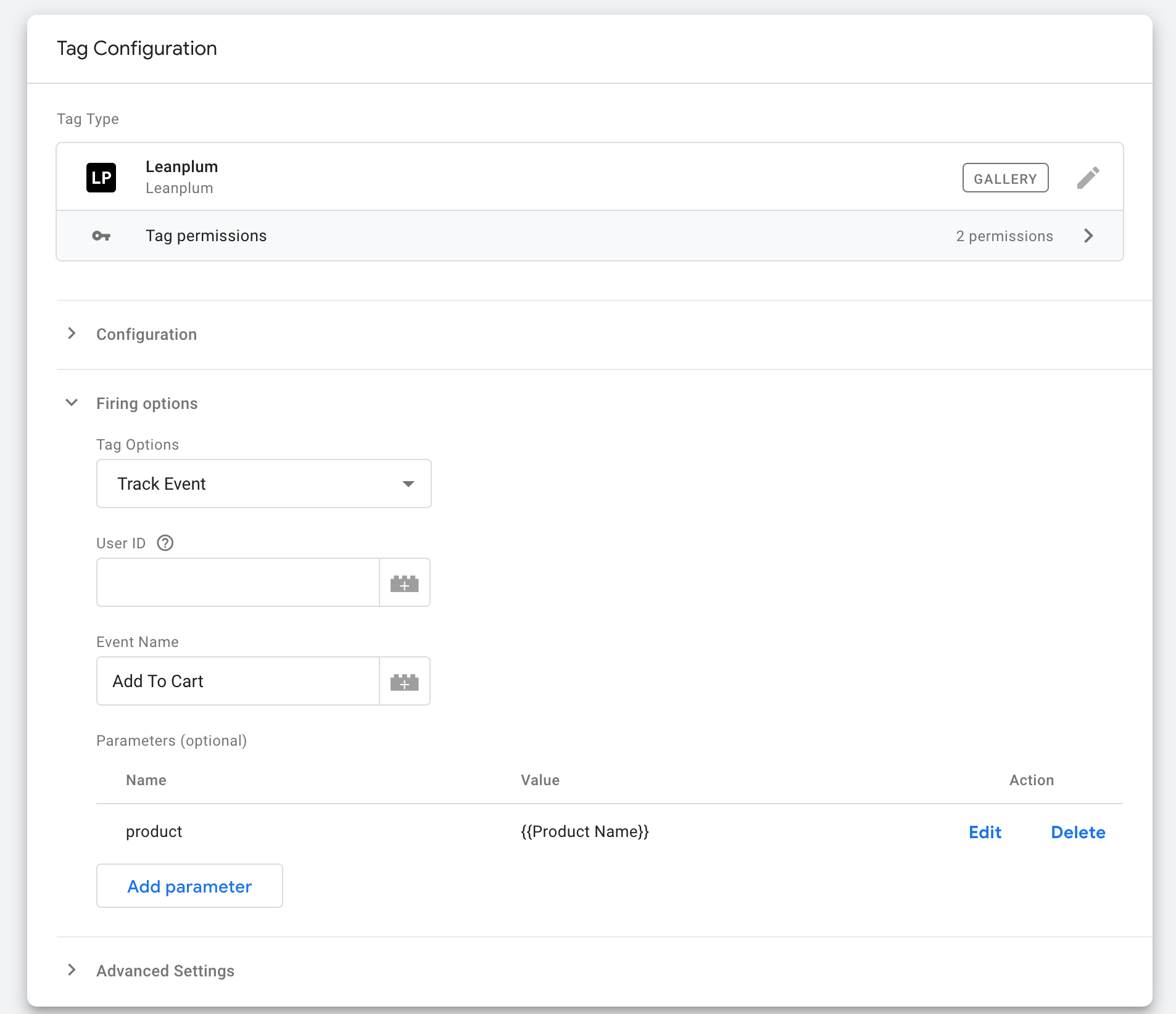 A screenshot of the Google Tag Manager configuration for tracking an "Add to cart" event.