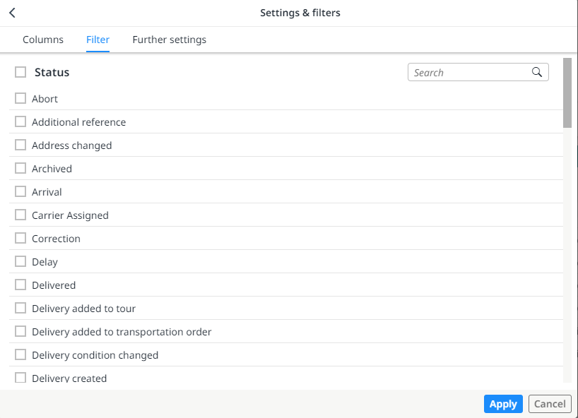 Selection of all possible status messages