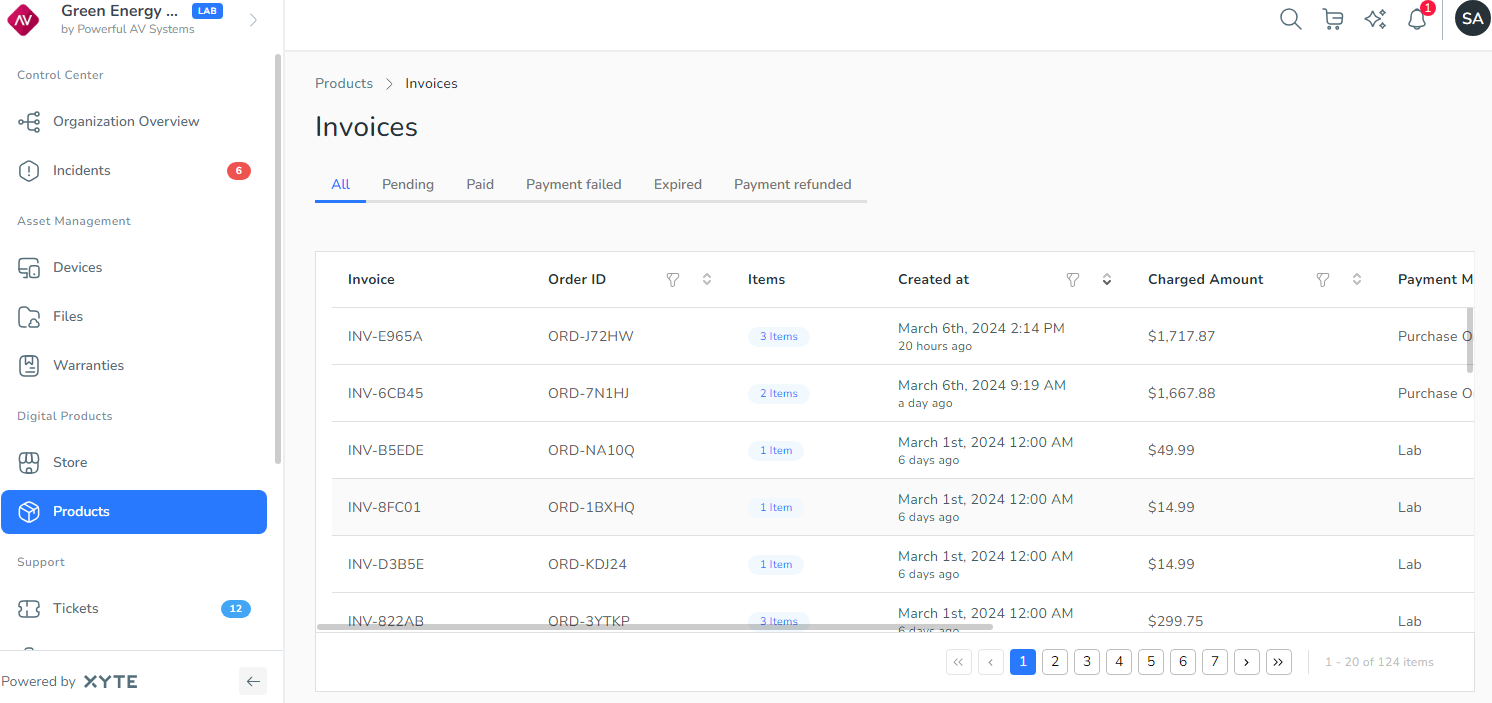 Invoices screen.