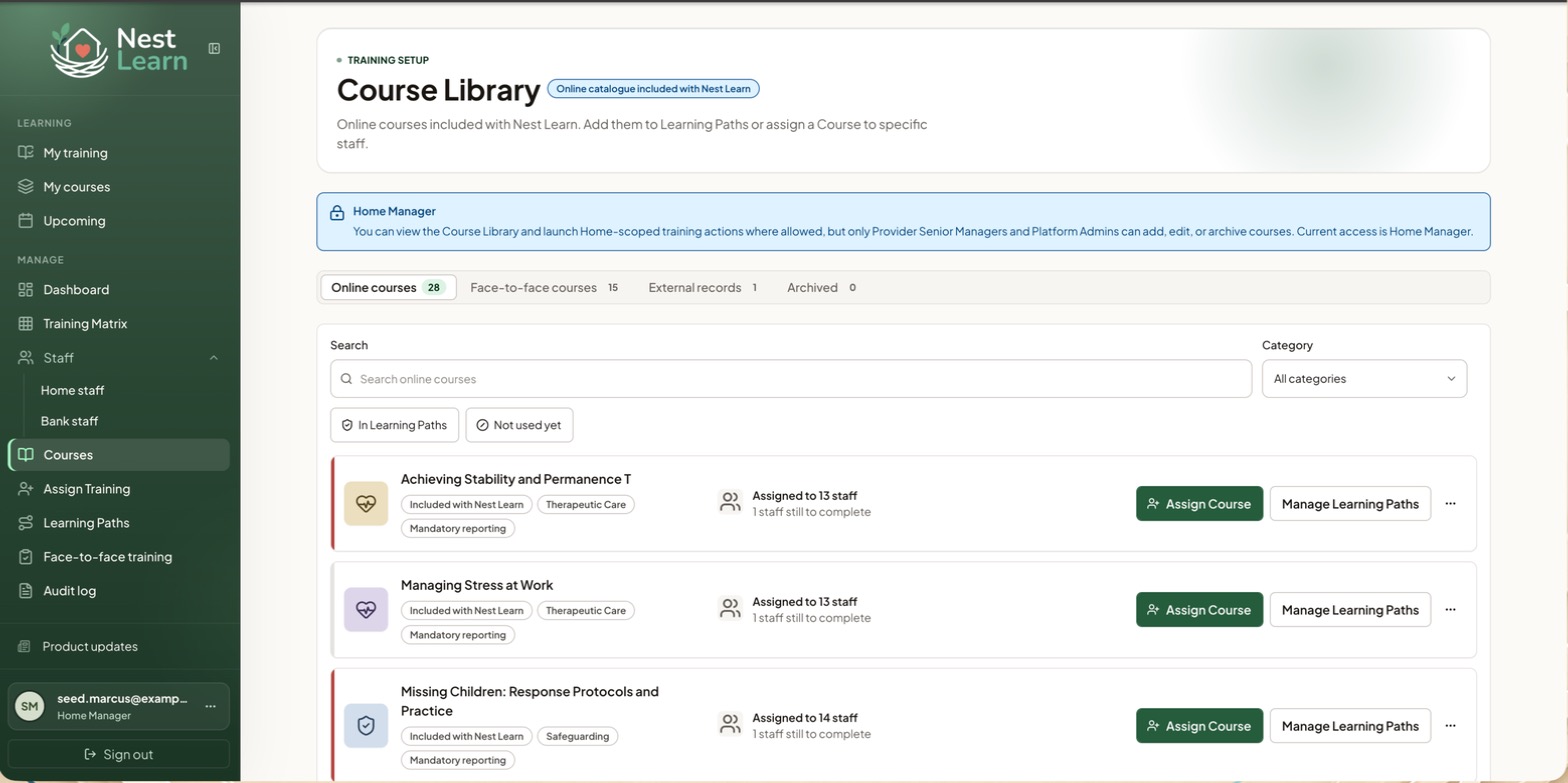 The Course Library, with the Home Manager permission banner
