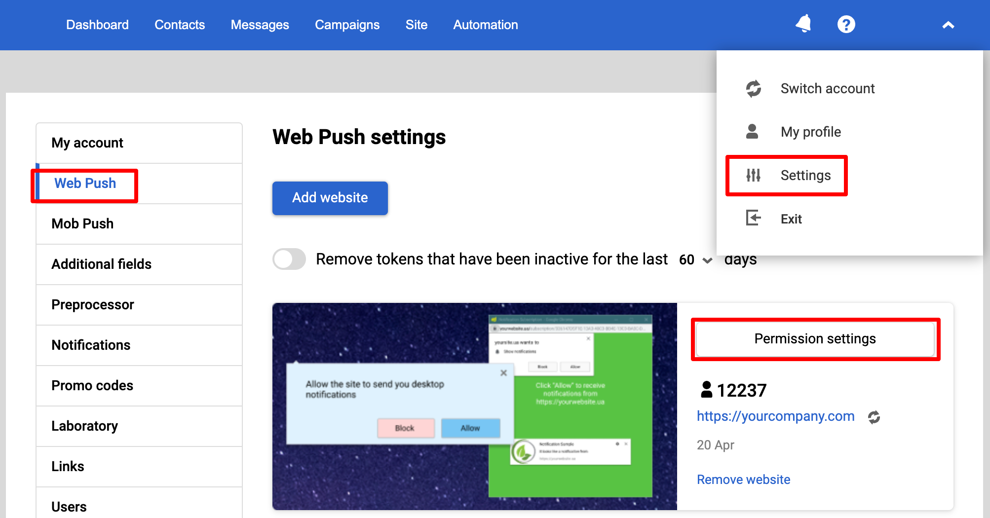 Web Push settings