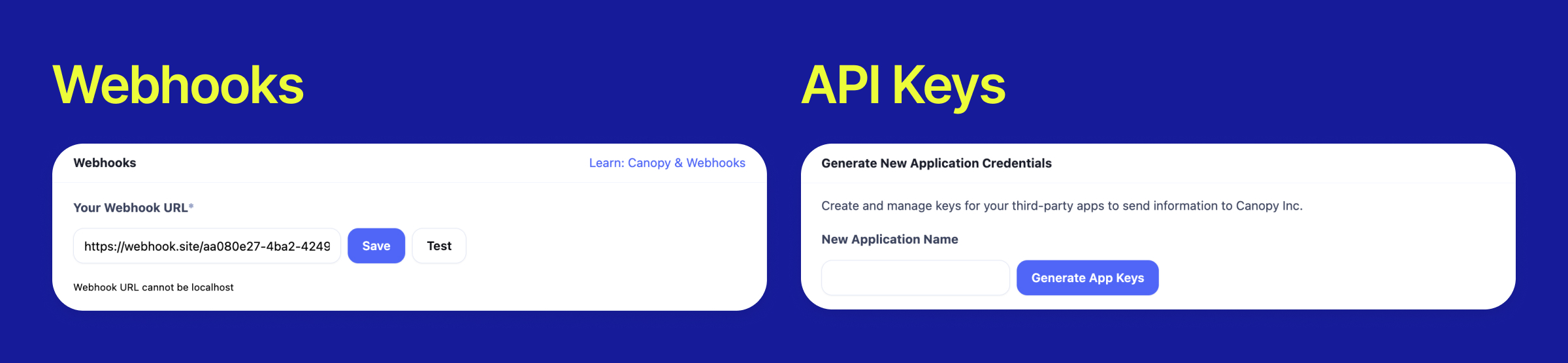 Canopyos webhooks and API keys