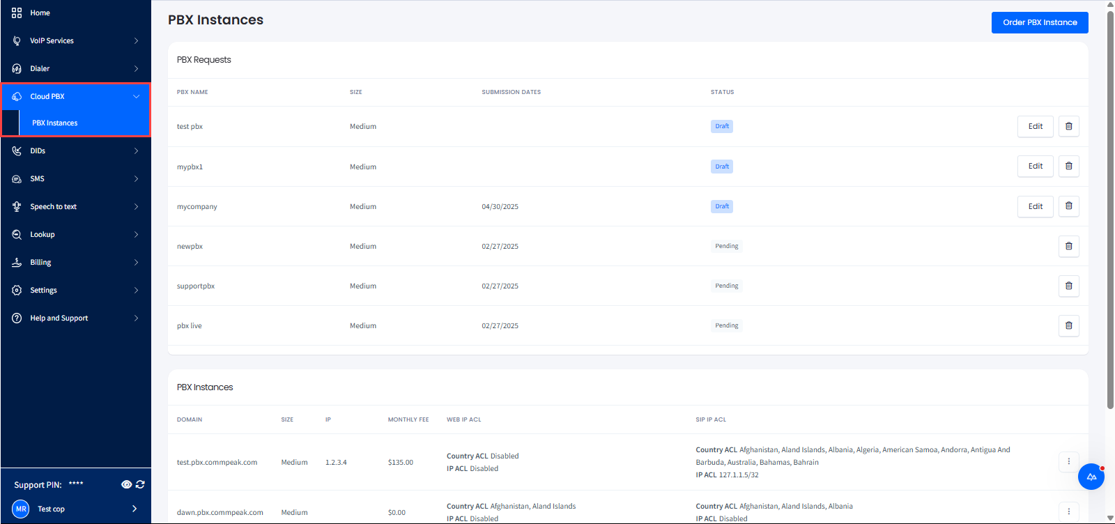 Screenshot of the Cloud PBX tab menu