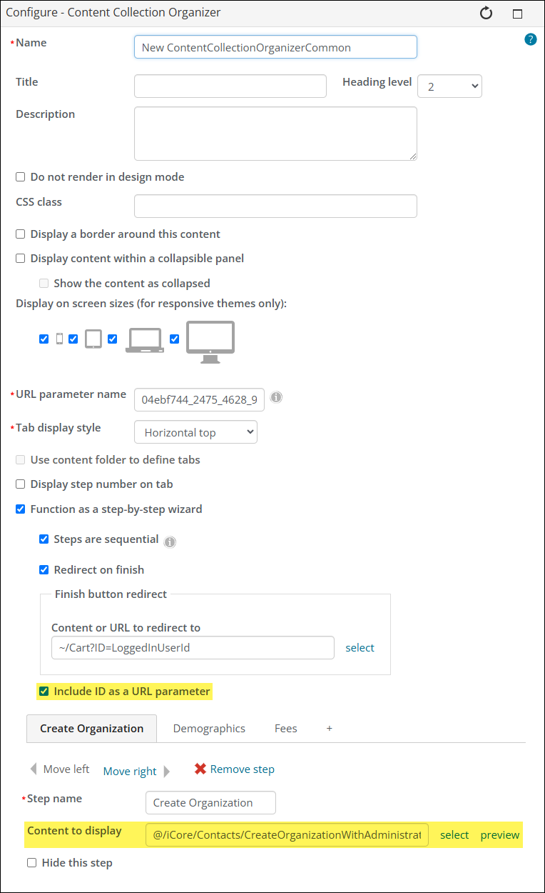 Configuring the content collection organizer to include an ID as URL parameter