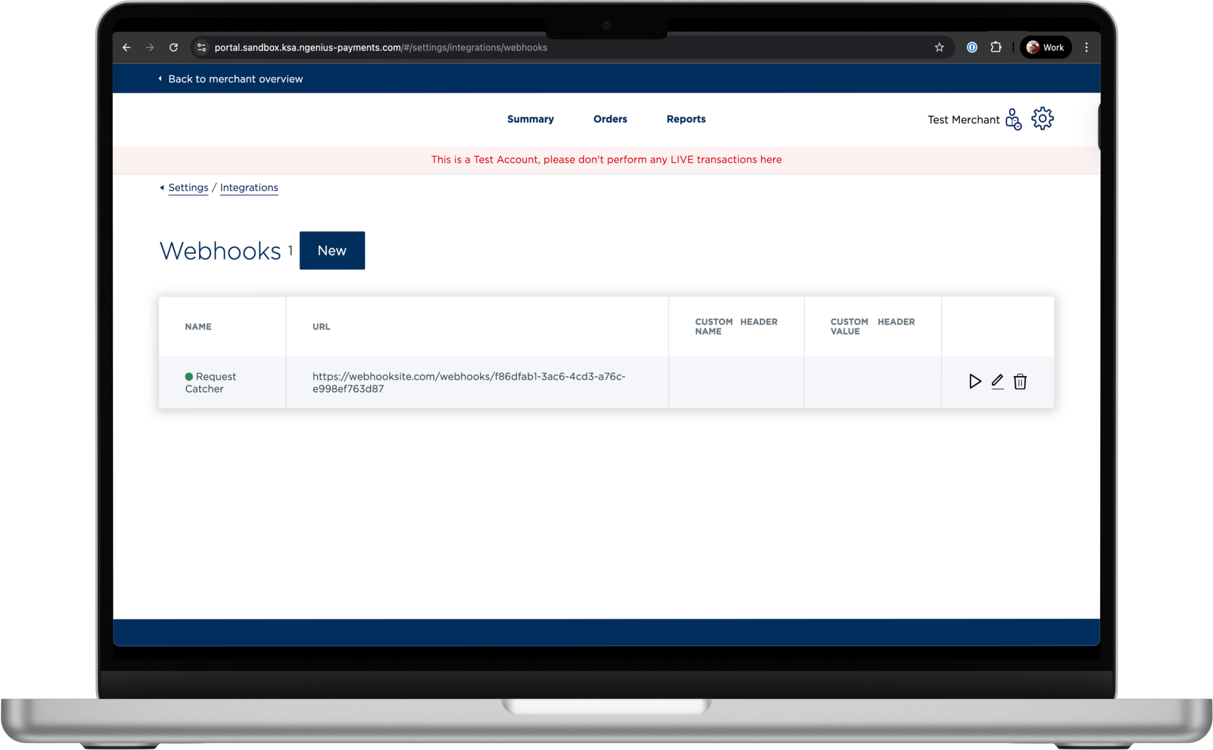 The screenshot provides a step-by-step tutorial for configuring webhooks through the N-Genius online portal.