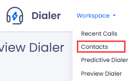 Screenshot of the Workspace > Contacts menu tab