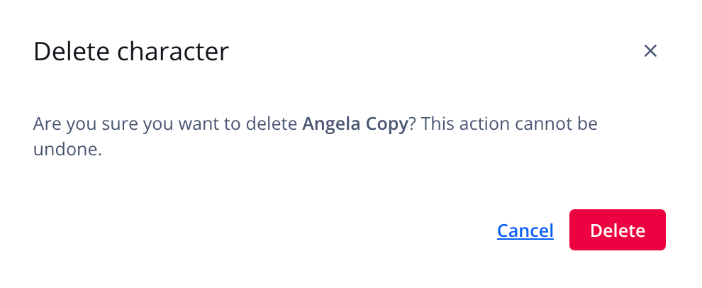 Delete character pop-up window