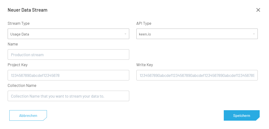 Keen.io Data Streamer setup in the Connectivity Management Platform.