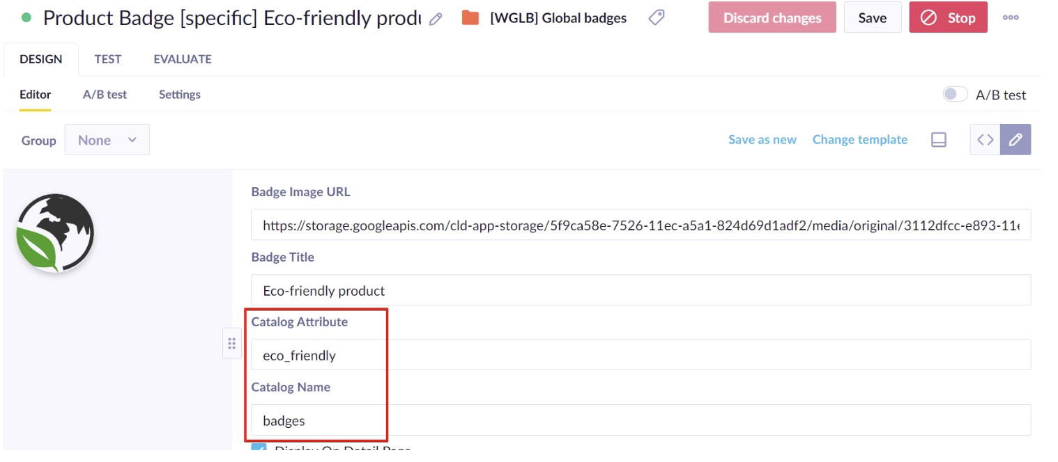 product-specific badge weblayer editor showing the Catalog Name and Catalog Attribute parameter fields filled in with example values.