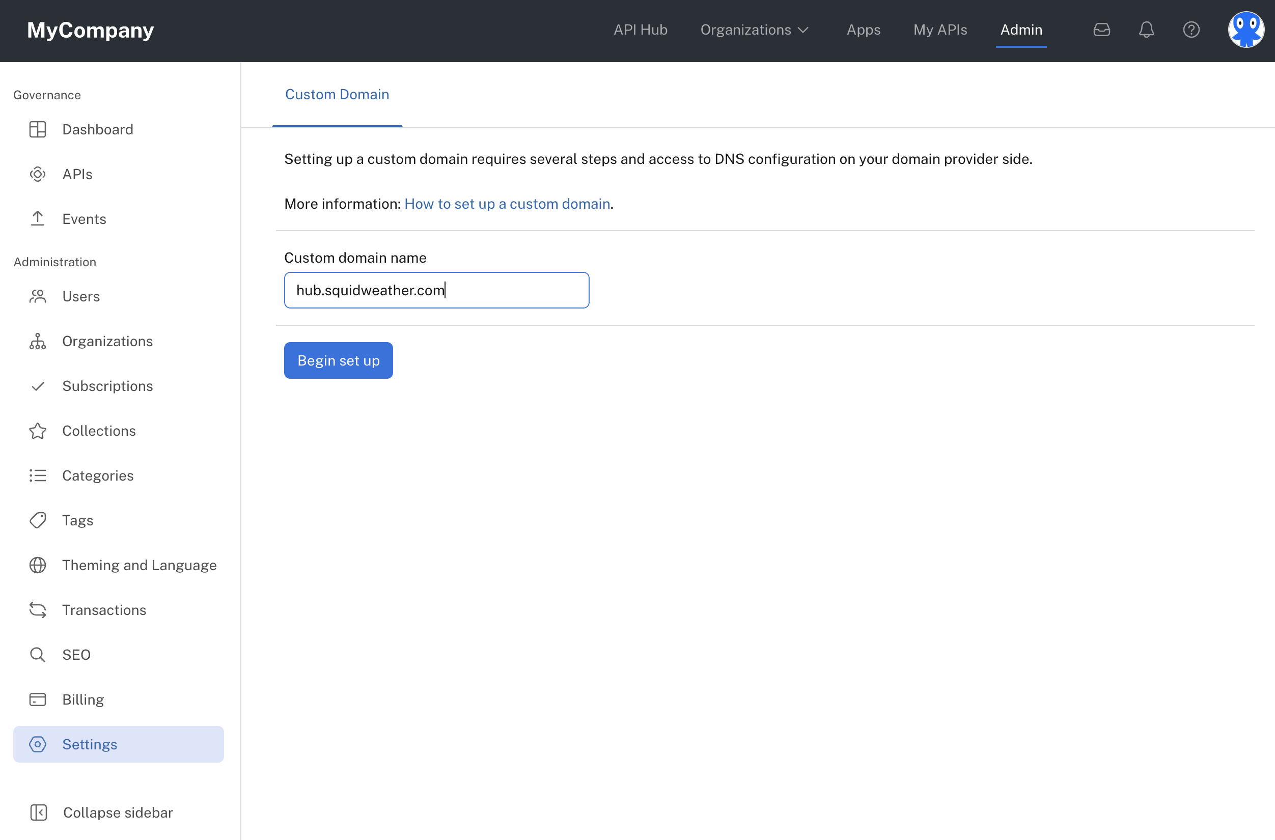 Starting the process of setting up a custom domain in the Admin Panel.