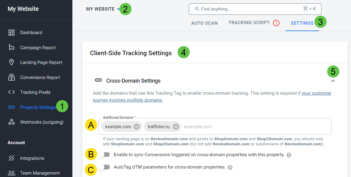 Find the cross-domain settings on the settings tab of the property settings section on AnyTrack.