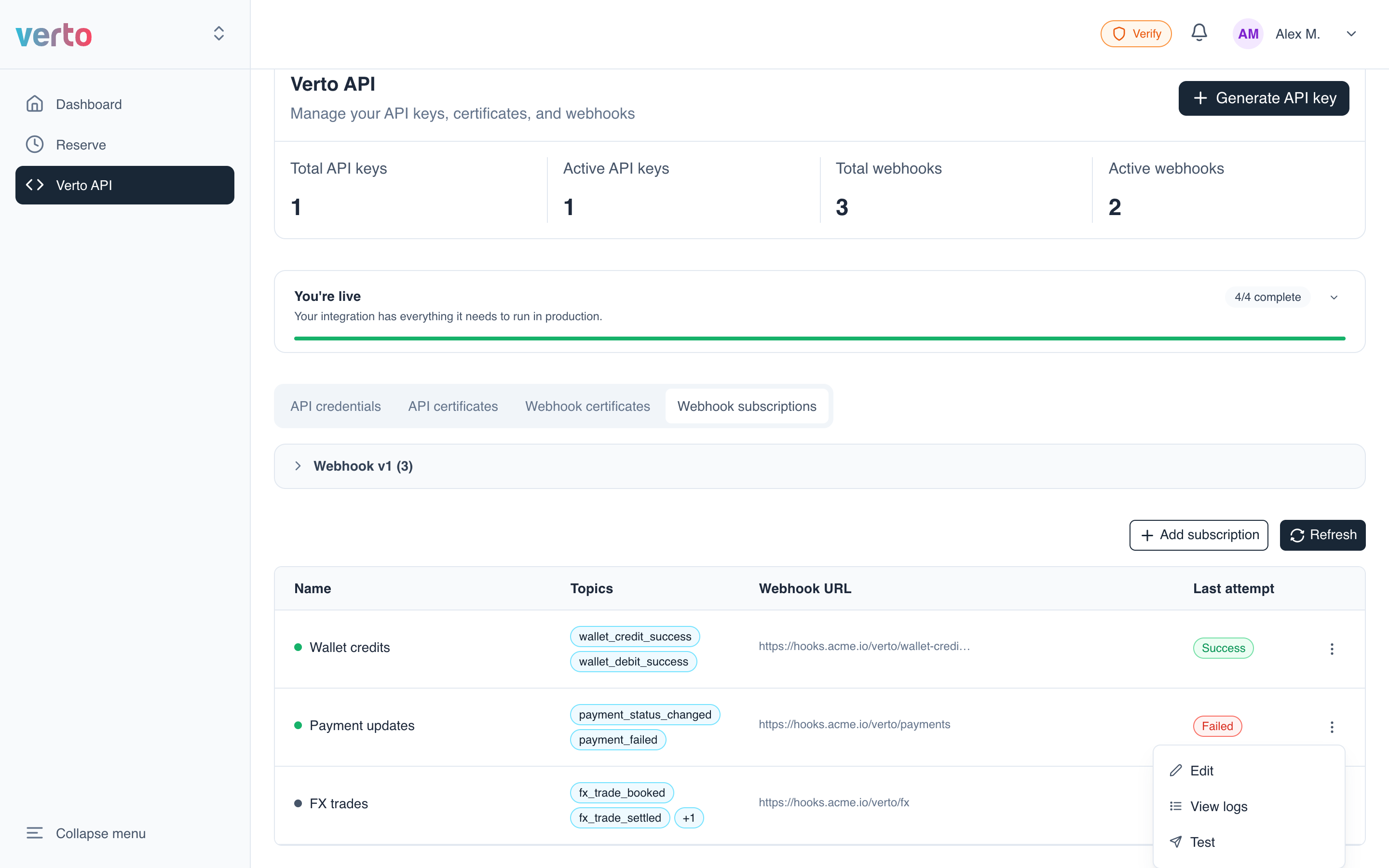 Subscriptions table with the row actions menu open