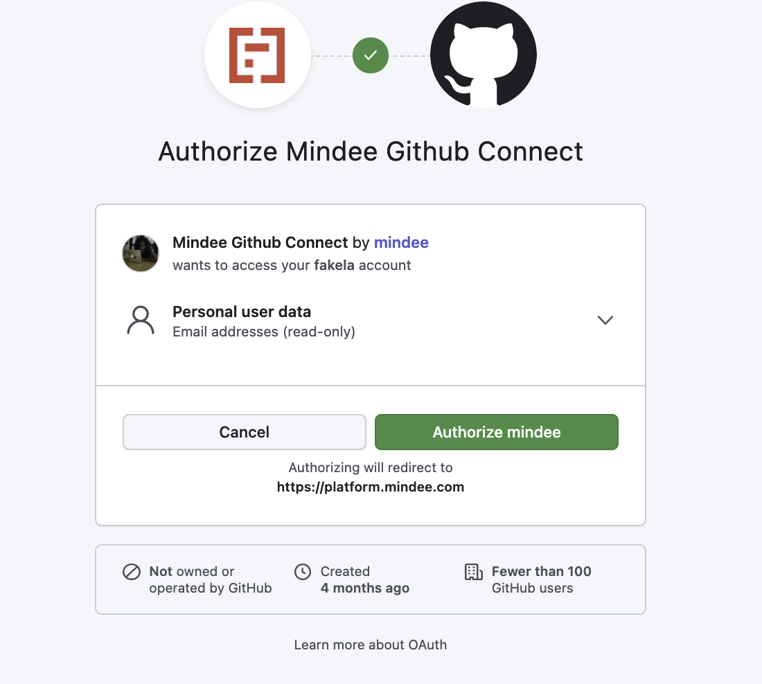 Authorization page to connect Mindee to access your Github account