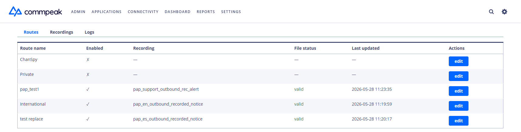 Screenshot of the Post-Answer Playback tabs: Routes, Recordings, Logs