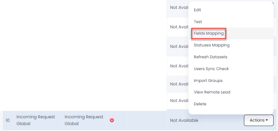 Screenshot with Fields Mapping highlighted in the Actions column