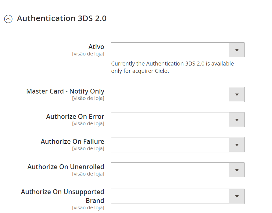 Tela com campos de configuração a serem preenchidos para cartão de crédito na seção Authentication 3DS 2.0