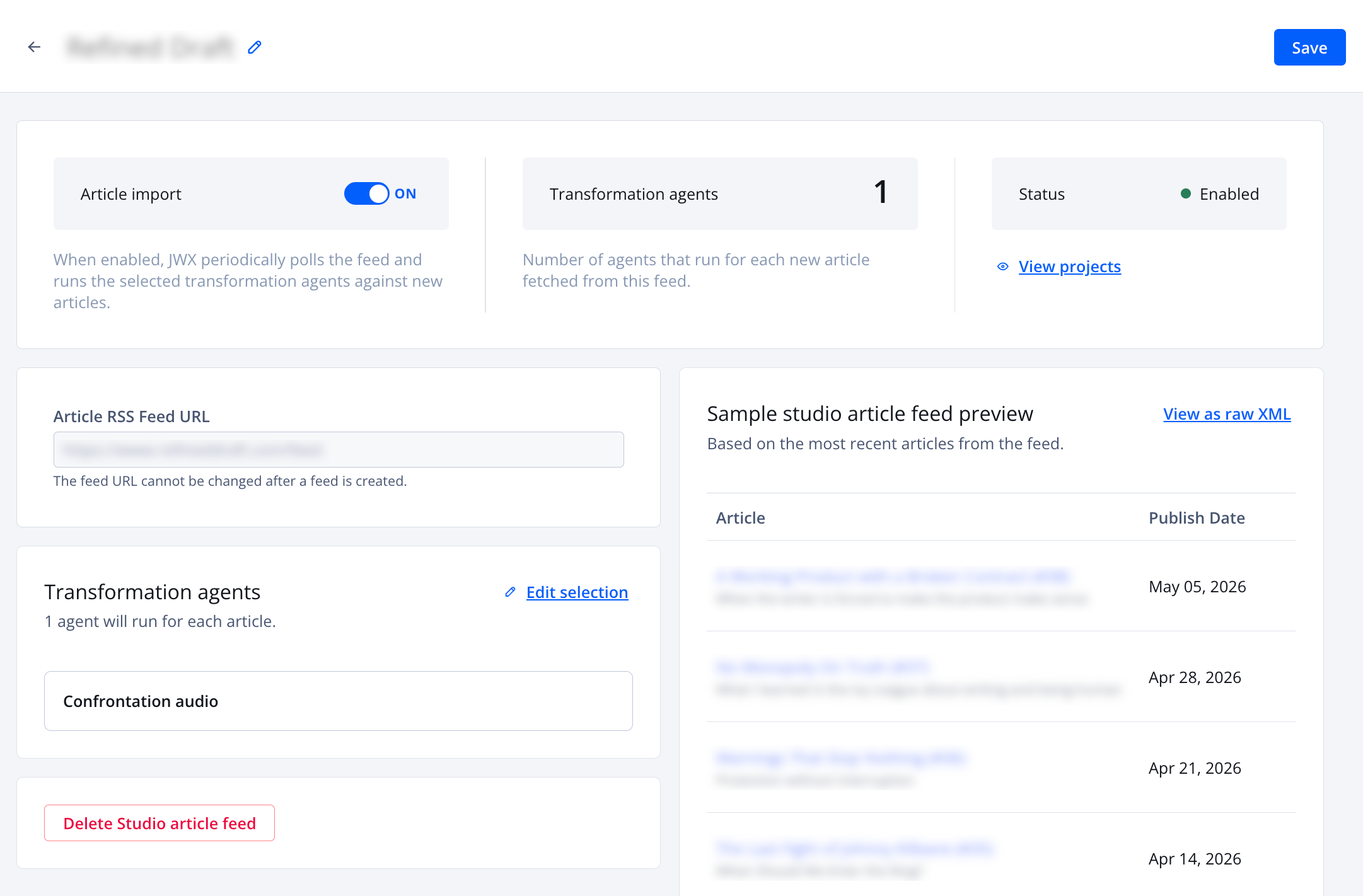 Studio article feed settings