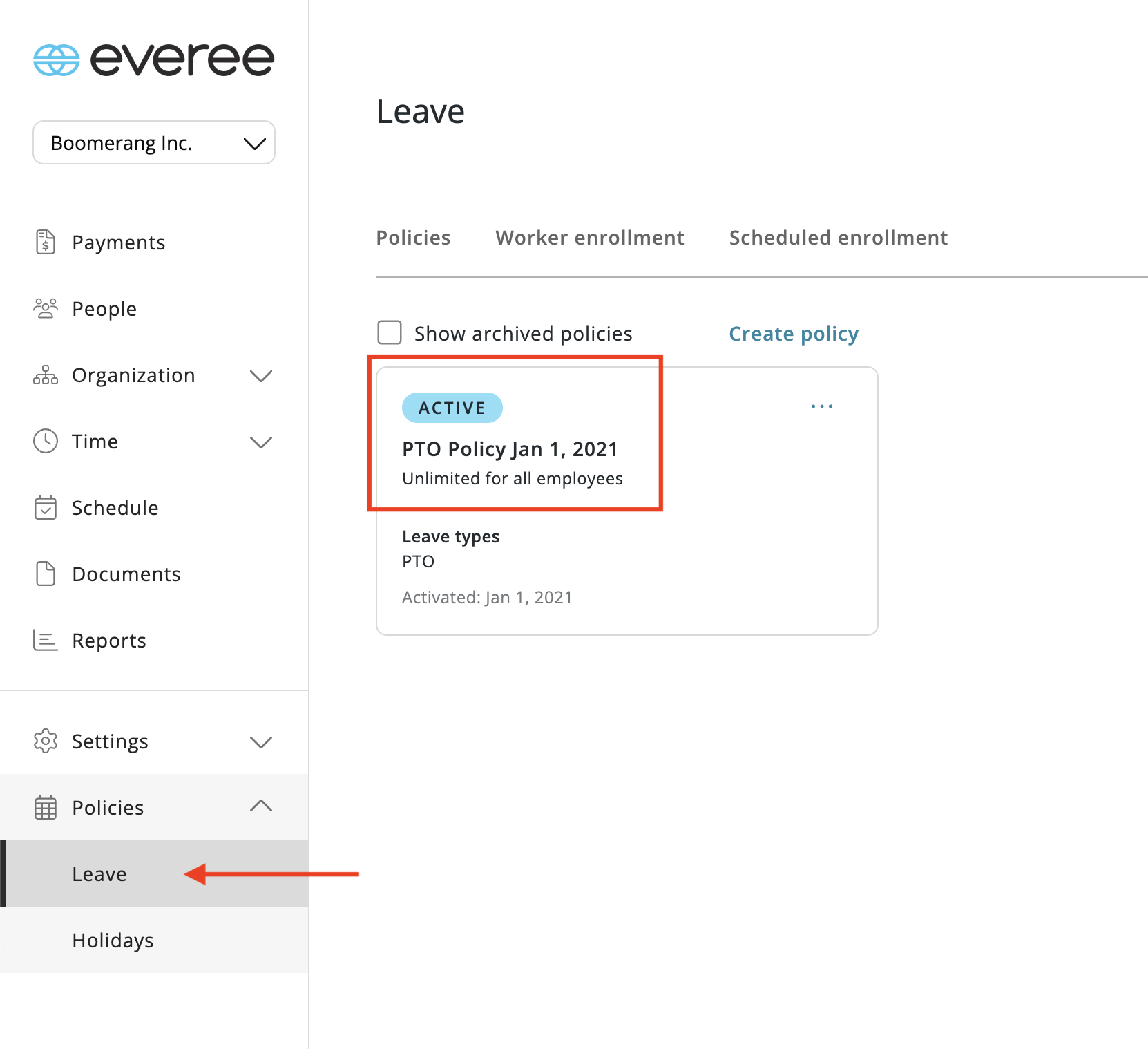 Fig 1: The Leave Policies screen