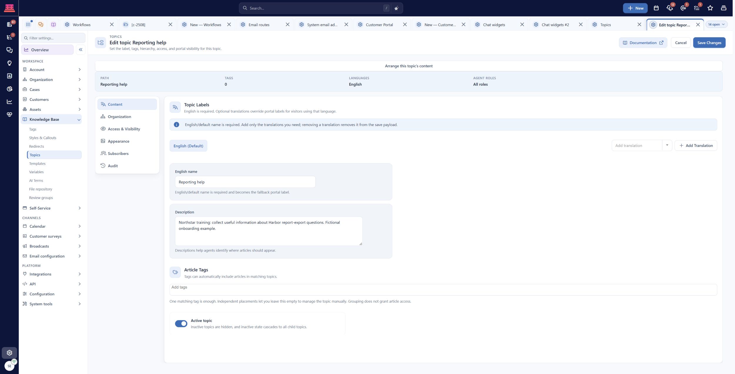 Saved Reporting help topic with a focused Northstar training description. Public portal visibility remains off while content is prepared.