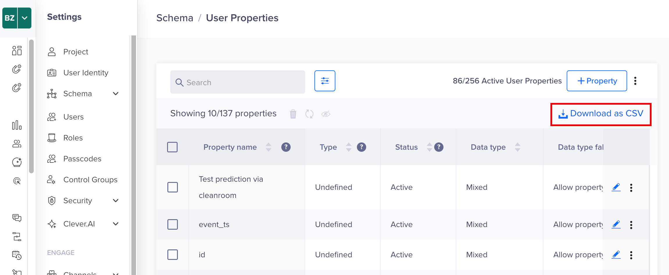 Download as CSV button in the Custom User Property tab