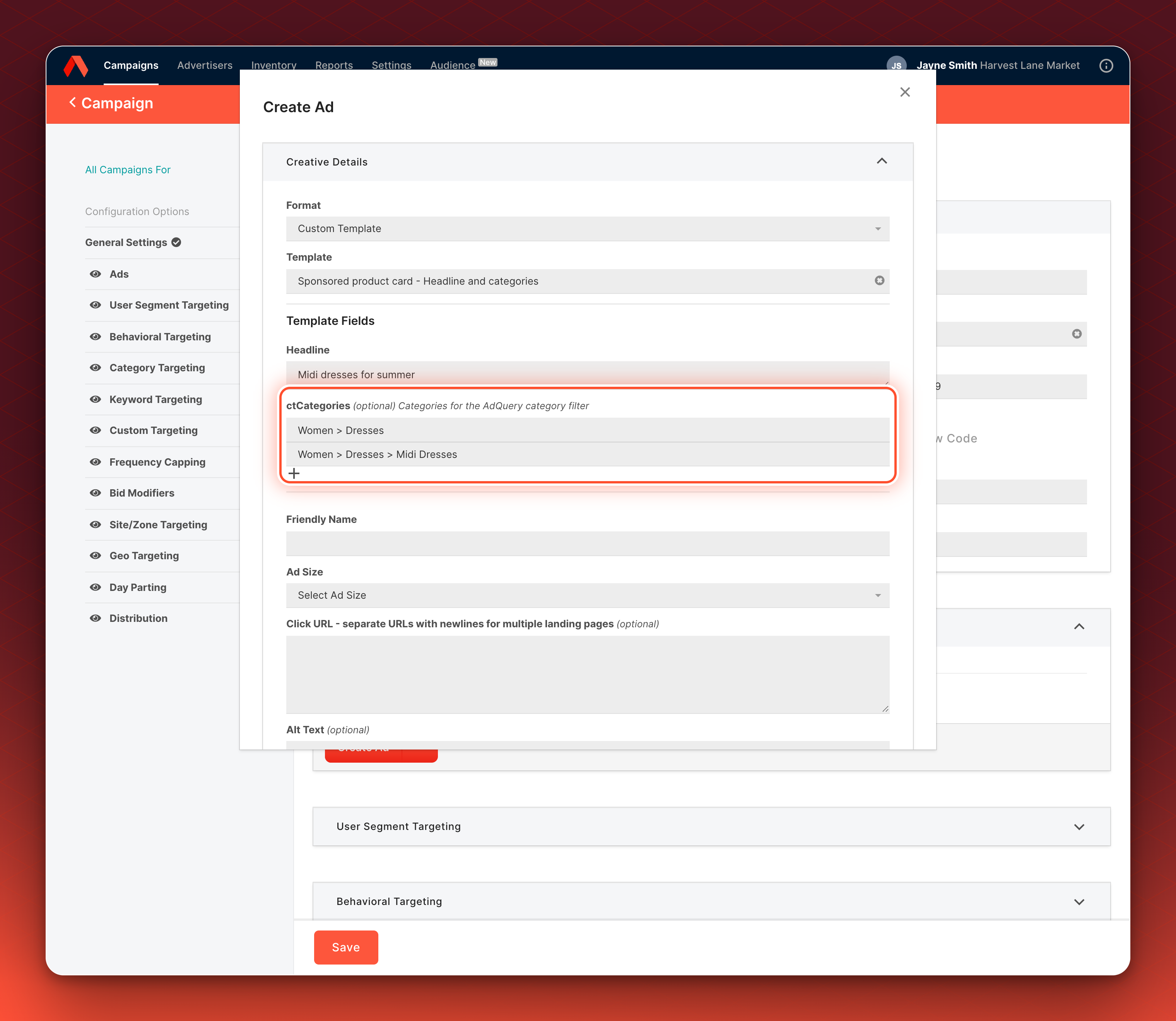 The Ad form with the Custom Template format and the Sponsored product card template chosen. The ctCategories template field holds two values, Women > Dresses and Women > Dresses > Midi Dresses.
