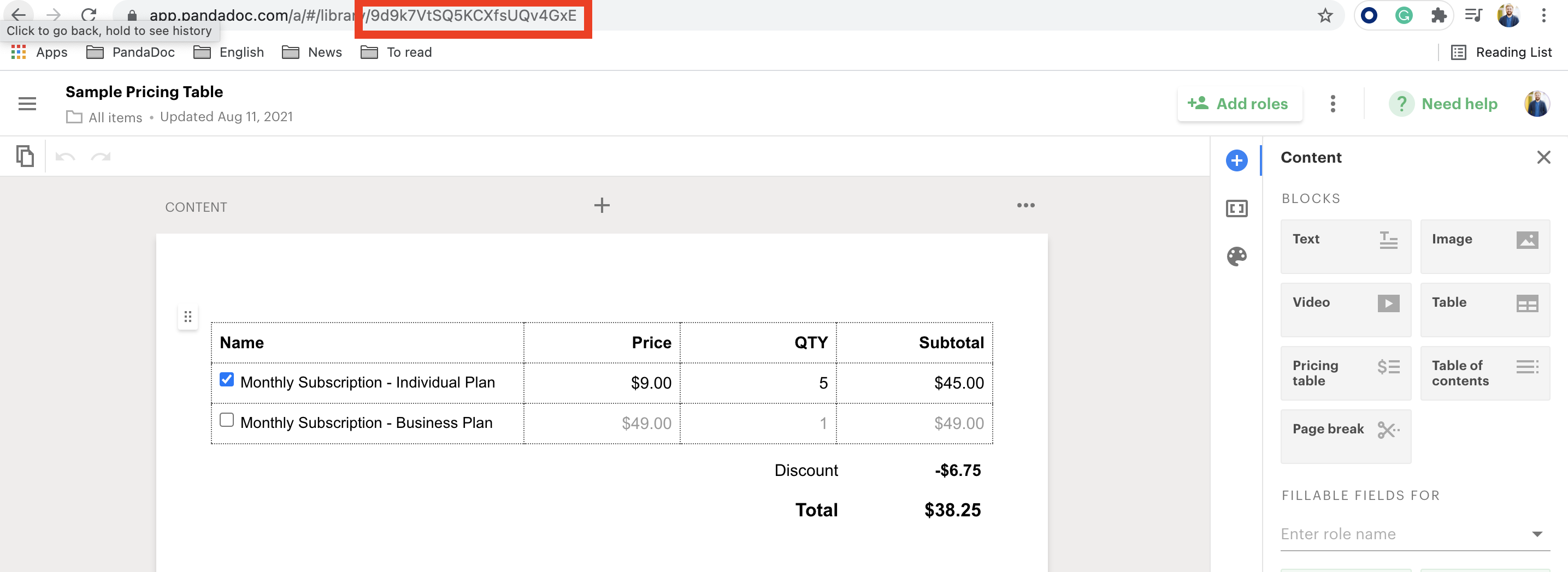 Sample Pricing Table -> Content Library Item ID