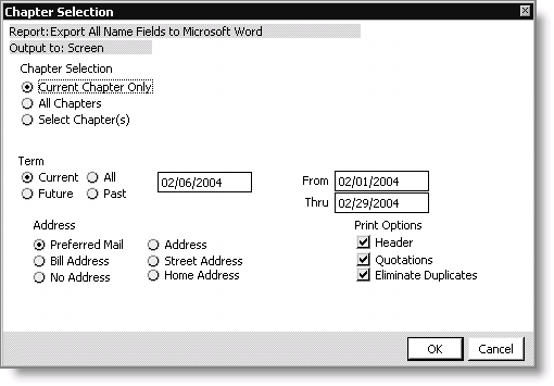 From Customers, select Manage chapter rosters, click Print, select a report, and click Run