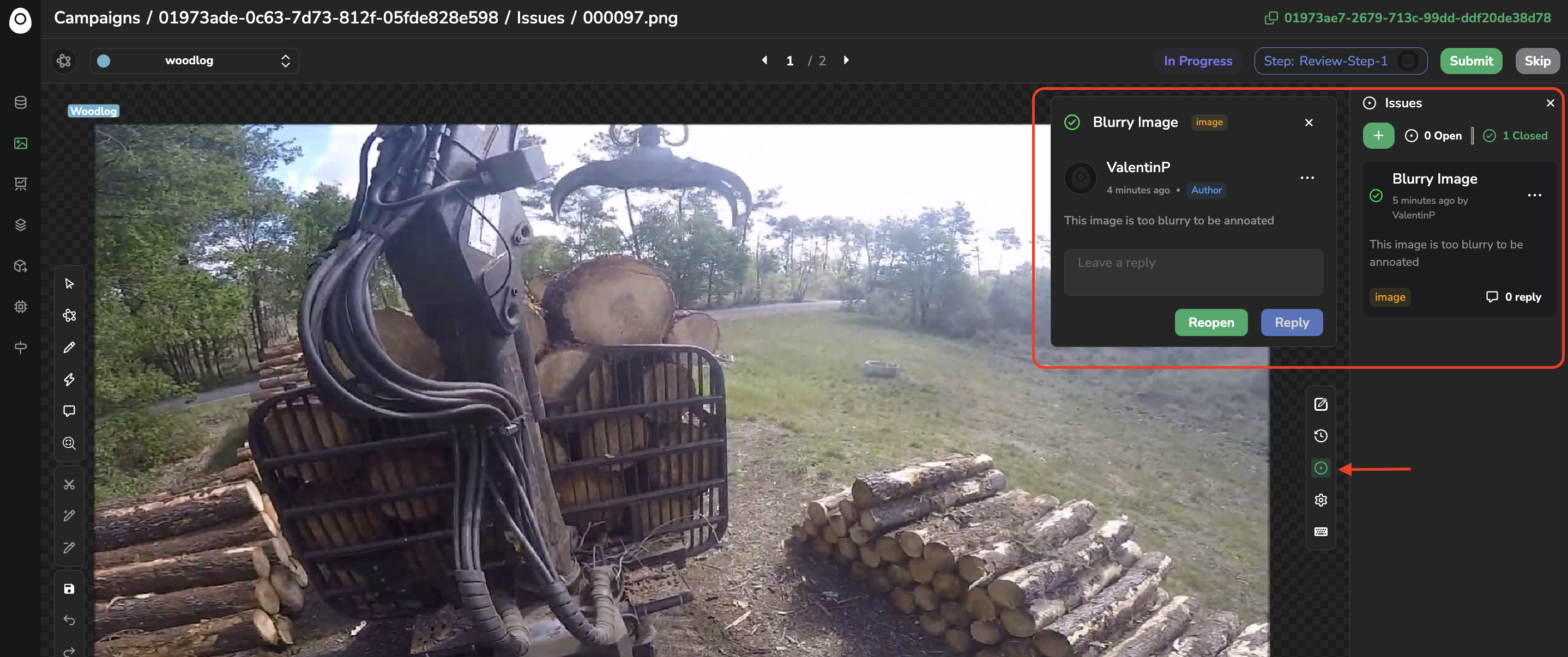 Issue panel opens in the Annotation Tool after clicking on an Issue from the Issues list