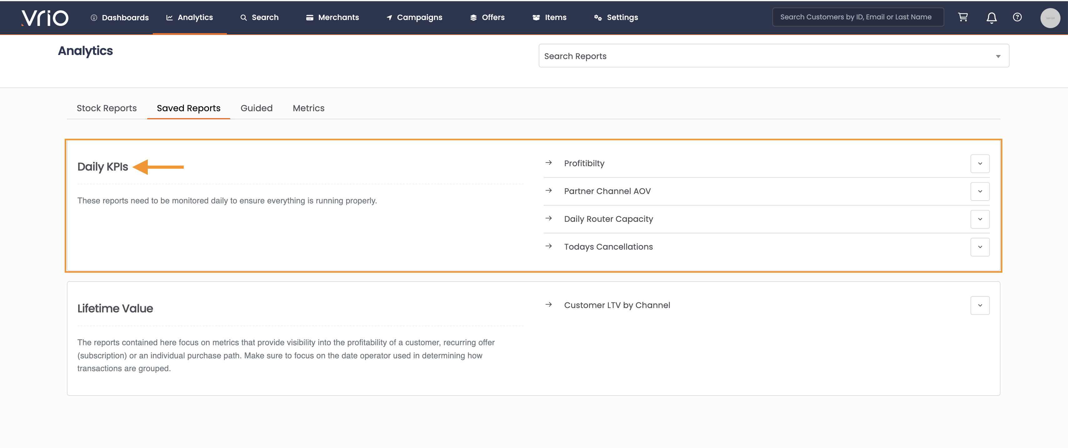 Category view of saved reports