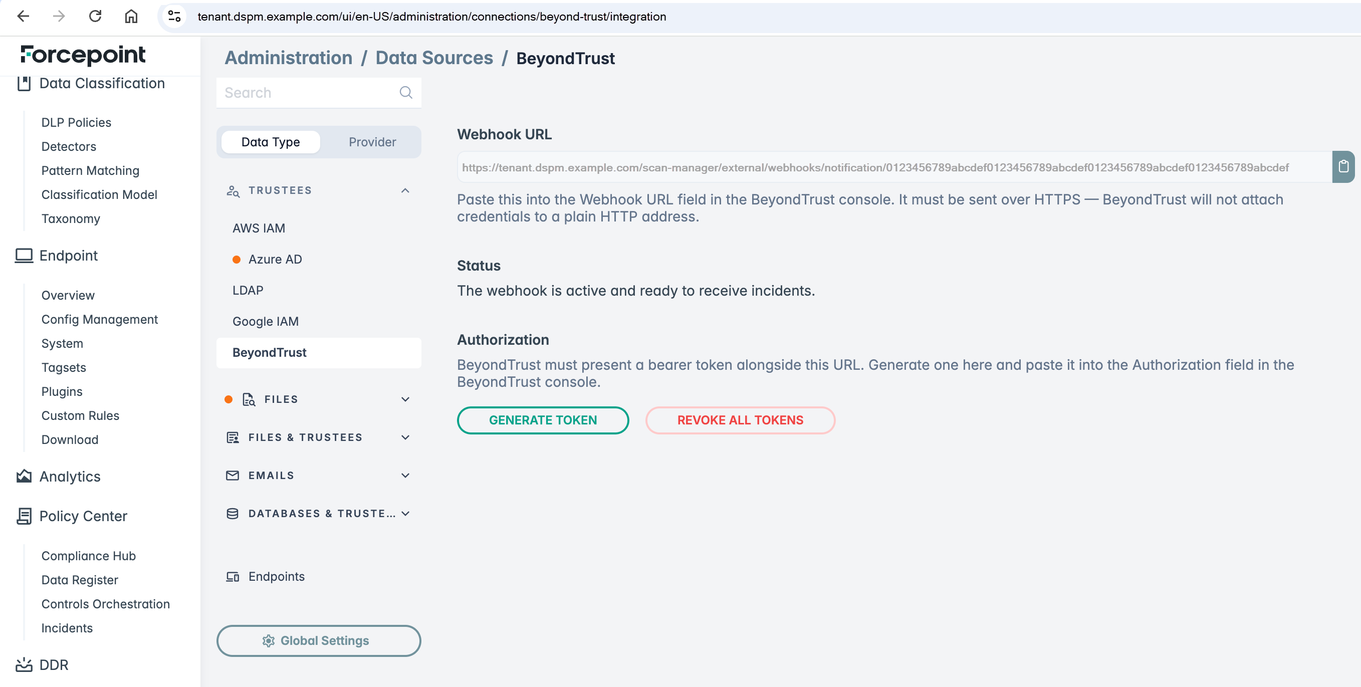 Forcepoint DSPM BeyondTrust data source page with the webhook URL, Generate Token, and Revoke All Tokens buttons